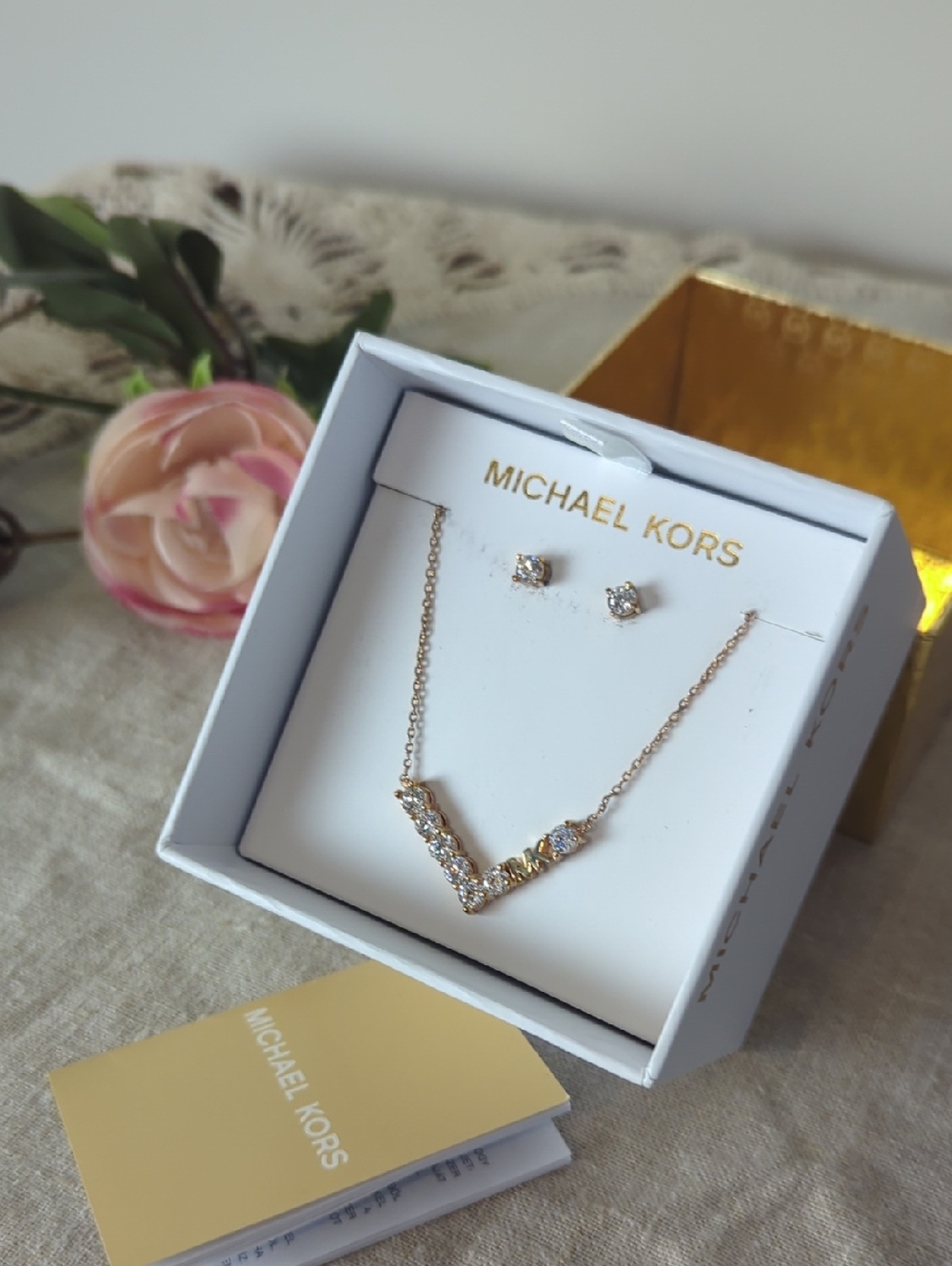 Michael Kors Rose Gold Necklace & Earrings Set  Crystal MK Pendant Jewelry - Picture 7 of 9